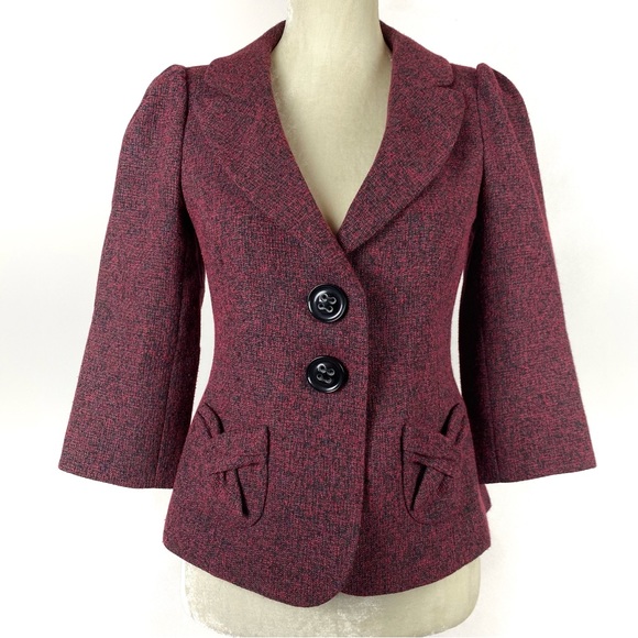 Classiques Entier Red & Black 3/4 Sleeve Tweed Blazer Size XS - Picture 1 of 13